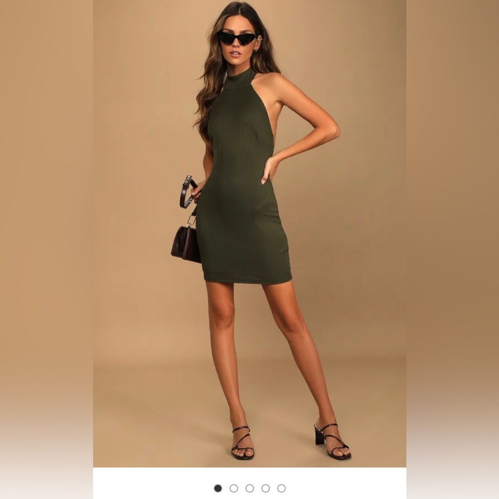 Lulu’s Got the Groove Olive Green Ribbed Halter Bodycon Mini Dress